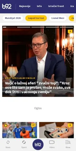 Aperçu du site B92, média de Serbie pour articles sponsorisés