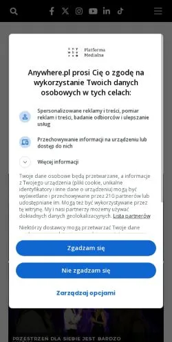 Preview of the Anywhere website, a media outlet in Poland for sponsored articles