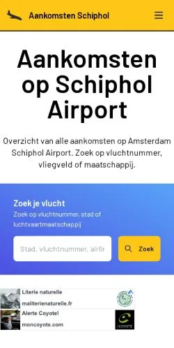 Pré-visualização do site Aankomsten Schiphol, meio de Países Baixos para artigos patrocinados