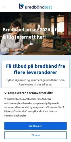 Podgląd witryny Bredbåndtest, medium z kraju Norwegia do artykułów sponsorowanych