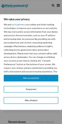 Podgląd witryny Melkveebedrijf Nieuws, medium z kraju Holandia do artykułów sponsorowanych