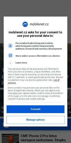 Podgląd witryny Mobilenet, medium z kraju Czechy do artykułów sponsorowanych