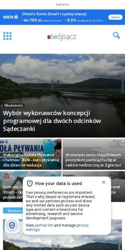 Forhåndsvisning av nettstedet Twój Sącz, medium fra Polen for sponsede artikler