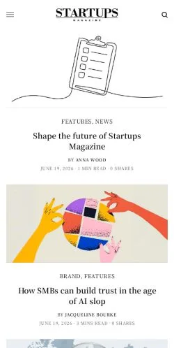 Podgląd witryny Startups Magazine, medium z kraju Wielka Brytania do artykułów sponsorowanych