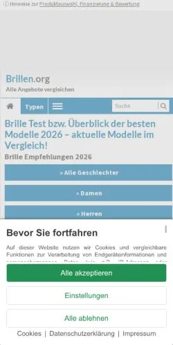 Vista previa del sitio Brillen Test, medio de Alemania para artículos patrocinados