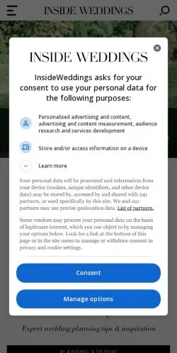 Anteprima del sito Inside Weddings, media di Stati Uniti per articoli sponsorizzati