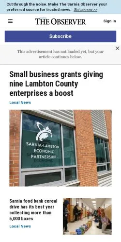 Forhåndsvisning av nettstedet The Sarnia Observer, medium fra Canada for sponsede artikler