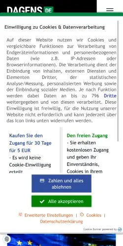 Vista previa del sitio Dagens, medio de Alemania para artículos patrocinados