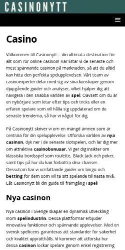 Anteprima del sito Casinonytt, media di Svezia per articoli sponsorizzati