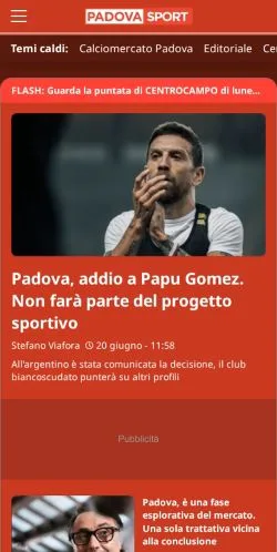 Anteprima del sito Padovasport, media di Italia per articoli sponsorizzati