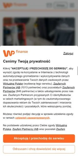 Förhandsvisning av webbplatsen WP Finanse, medium i Polen för sponsrade artiklar