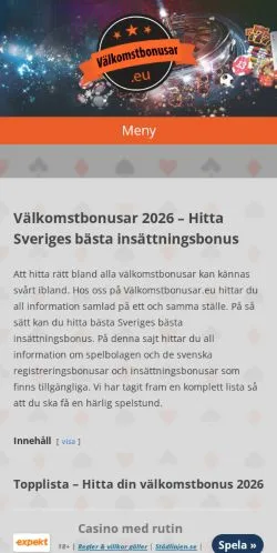 Podgląd witryny Välkomstbonusar, medium z kraju Szwecja do artykułów sponsorowanych