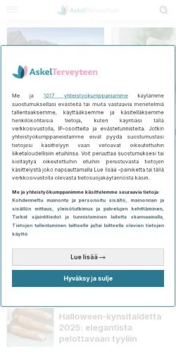 Anteprima del sito Askel Terveyteen, media di Finlandia per articoli sponsorizzati
