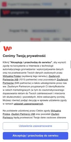 Aperçu du site TV WP, média de Pologne pour articles sponsorisés
