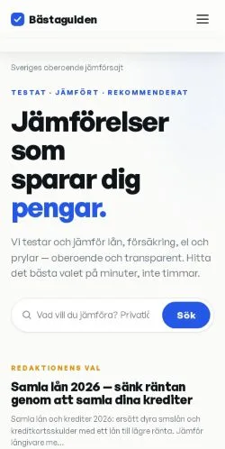 Anteprima del sito Bästaguiden, media di Svezia per articoli sponsorizzati