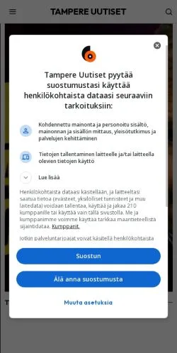 Podgląd witryny Tampere Uutiset, medium z kraju Finlandia do artykułów sponsorowanych