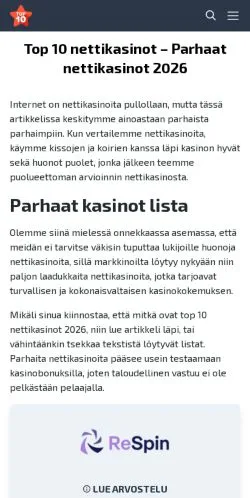 Voorbeeld van de site Top 10 Nettikasinot, medium uit Verenigde Staten voor gesponsorde artikelen