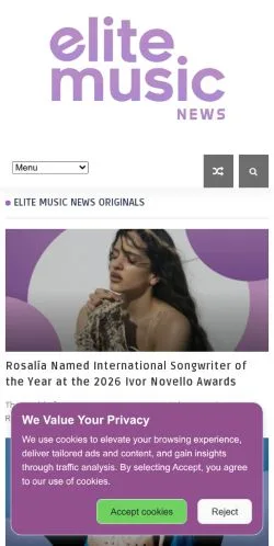 스폰서 기사용 미국 매체 Elite Music News 사이트 미리보기