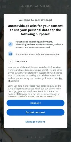 Anteprima del sito A Nossa Vida, media di Portogallo per articoli sponsorizzati
