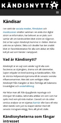 スポンサード記事向けのスウェーデンメディア、Kändisnyttのサイトプレビュー