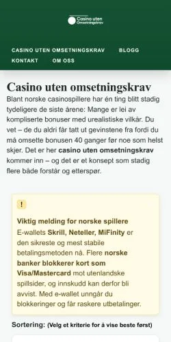 Podgląd witryny Casino Uten Omsetningskrav, medium z kraju Norwegia do artykułów sponsorowanych
