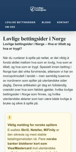 Anteprima del sito Lovlige Bettingsider I Norge, media di Norvegia per articoli sponsorizzati