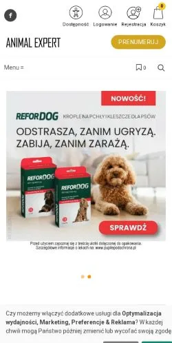 Anteprima del sito Animal Expert, media di Polonia per articoli sponsorizzati
