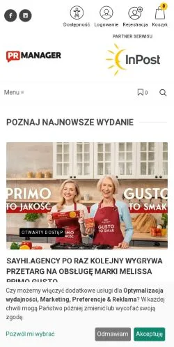 Pré-visualização do site PR Manager, meio de Polônia para artigos patrocinados