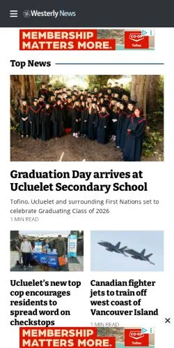 스폰서 기사용 캐나다 매체 Tofino/Ucluelet Westerly News 사이트 미리보기