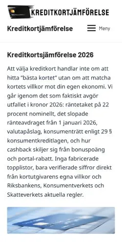 Anteprima del sito Kreditkortjämförelse, media di Svezia per articoli sponsorizzati