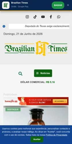 Podgląd witryny Brazilian Times, medium z kraju Brazylia do artykułów sponsorowanych