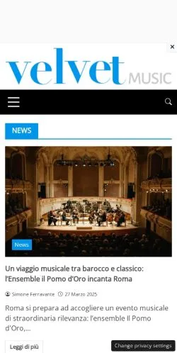 Podgląd witryny Velvet Music, medium z kraju Włochy do artykułów sponsorowanych