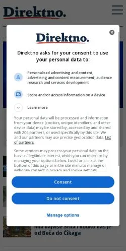 Anteprima del sito Direktno, media di Stati Uniti per articoli sponsorizzati