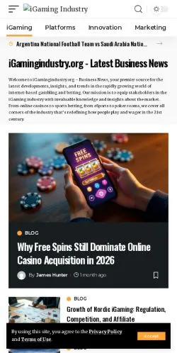 Vista previa del sitio iGaming Industry, medio de Estados Unidos para artículos patrocinados