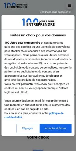 Anteprima del sito 100 Jours Pour Entreprendre, media di Francia per articoli sponsorizzati