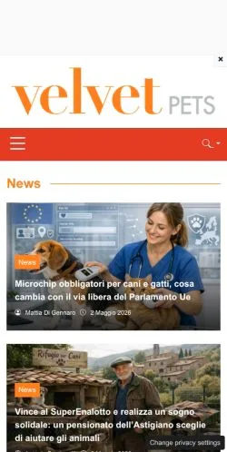 Anteprima del sito Velvet Pets, media di Italia per articoli sponsorizzati