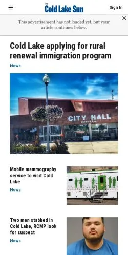 Pré-visualização do site Cold Lake Sun, meio de Estados Unidos para artigos patrocinados