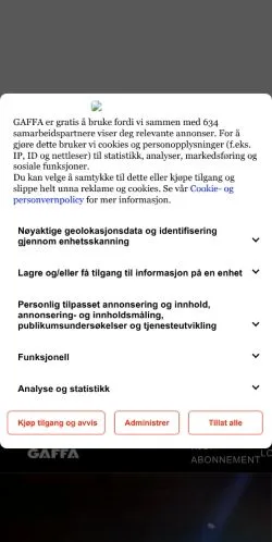 Pré-visualização do site GAFFA, meio de Noruega para artigos patrocinados