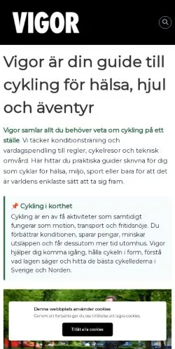 Pré-visualização do site Vigor Cykling, meio de Suécia para artigos patrocinados