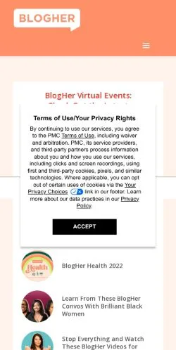Preview of the BlogHer website, a media outlet in United States for sponsored articles