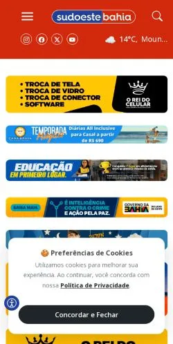 Podgląd witryny Sudoeste Bahia, medium z kraju Brazylia do artykułów sponsorowanych