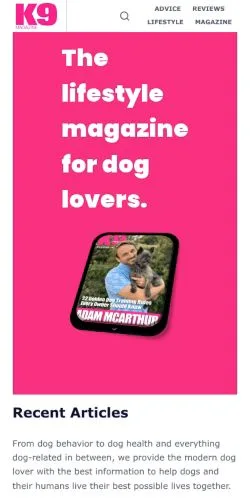 Anteprima del sito K9 Magazine, media di Stati Uniti per articoli sponsorizzati