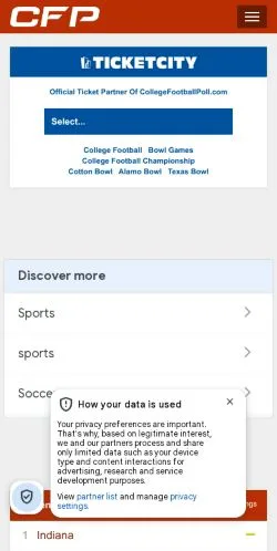 Podgląd witryny College Football Poll.com, medium z kraju Stany Zjednoczone do artykułów sponsorowanych