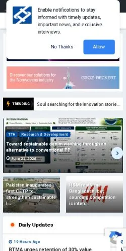 Aperçu du site Textile Today, média de États-Unis pour articles sponsorisés