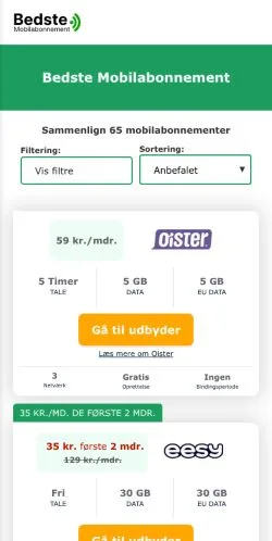 Anteprima del sito Bedste Mobilabonnement, media di Danimarca per articoli sponsorizzati