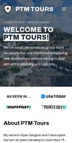 Podgląd witryny PTM Tours, medium z kraju Stany Zjednoczone do artykułów sponsorowanych