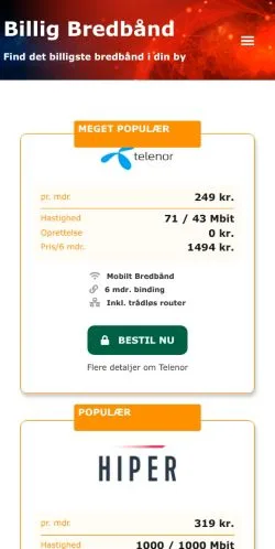Podgląd witryny Billig Bredbånd, medium z kraju Dania do artykułów sponsorowanych