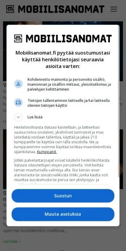 Anteprima del sito Mobiilisanomat, media di Finlandia per articoli sponsorizzati