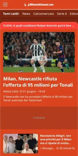 Podgląd witryny Milanisti Channel, medium z kraju Włochy do artykułów sponsorowanych