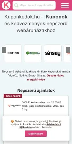 Anteprima del sito Kuponkódok, media di Ungheria per articoli sponsorizzati